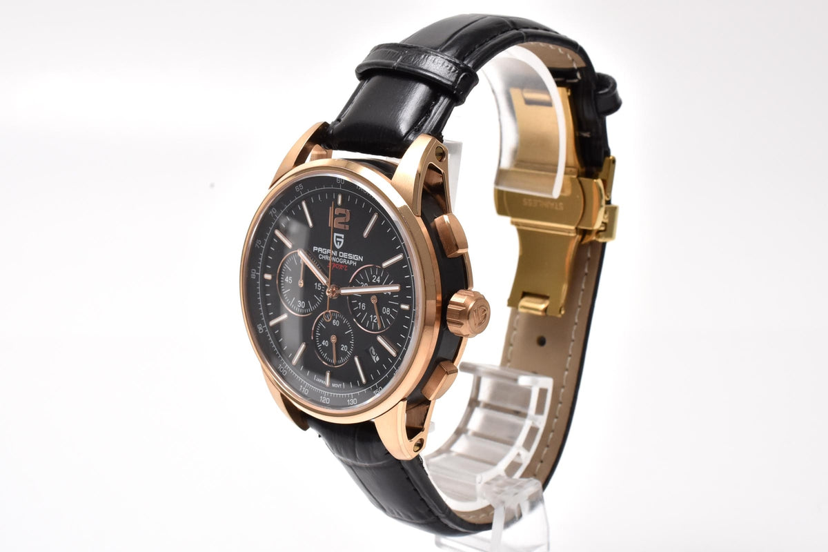 PAGANI DESIGN パガーニデザイン CHRONOGRAPH SPORT PD-YS008 メンズ クォーツ クロノグラフ 腕時計 ブラック文字盤 ローズゴールドカラー 41mm
