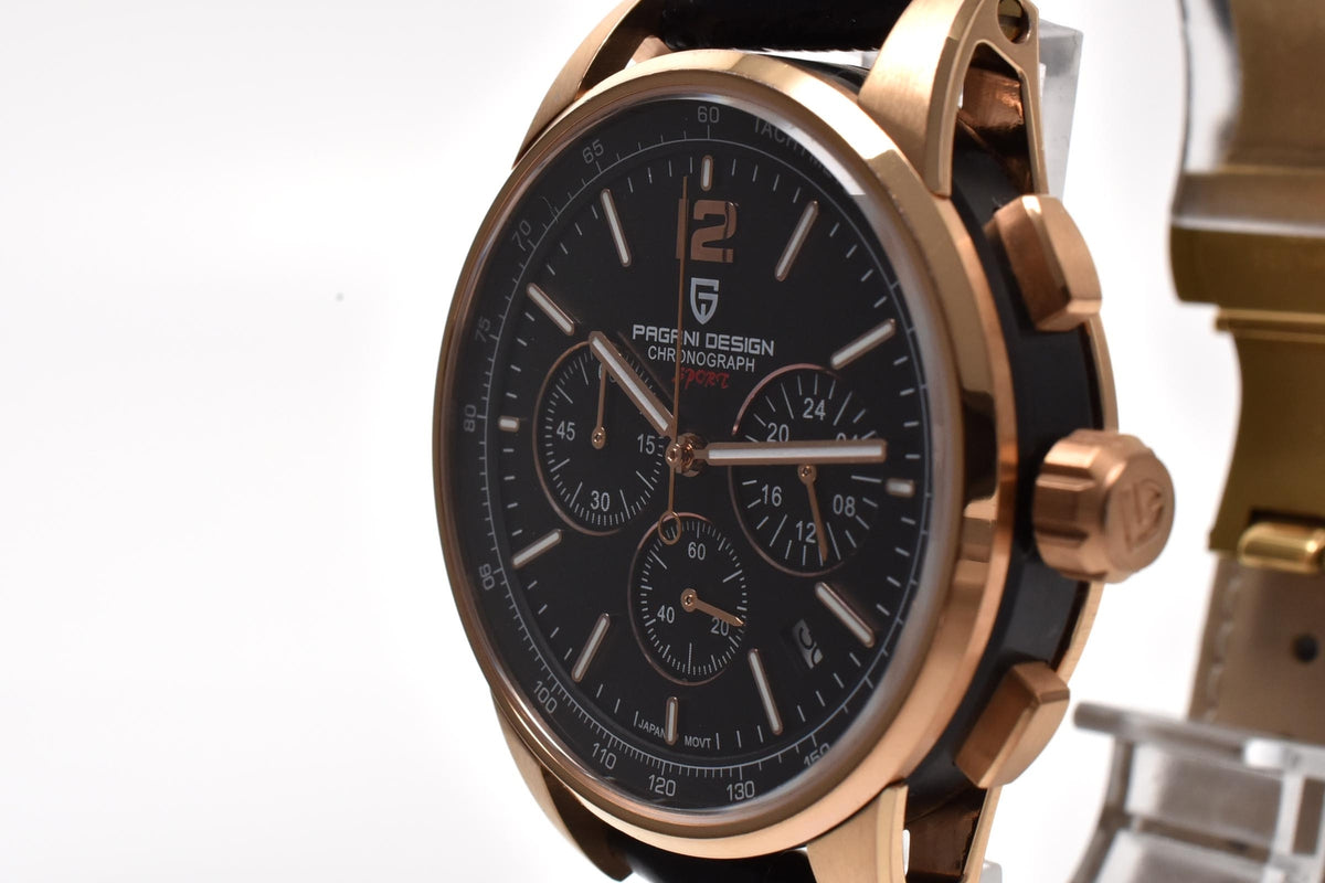 PAGANI DESIGN パガーニデザイン CHRONOGRAPH SPORT PD-YS008 メンズ クォーツ クロノグラフ 腕時計 ブラック文字盤 ローズゴールドカラー 41mm