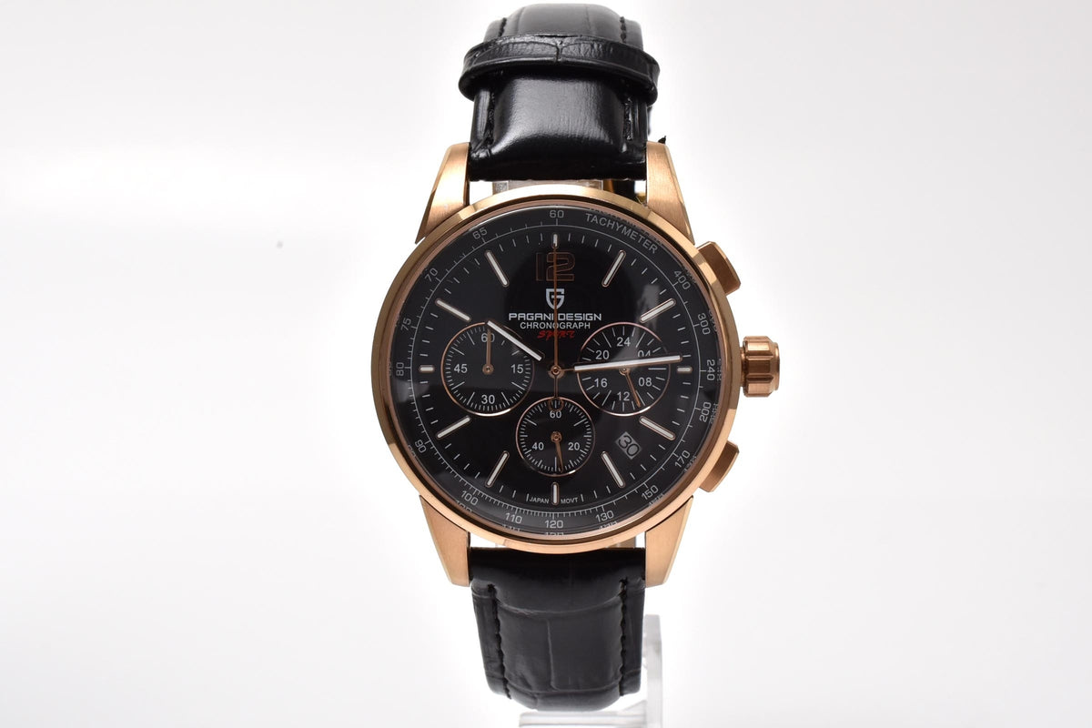 PAGANI DESIGN パガーニデザイン CHRONOGRAPH SPORT PD-YS008 メンズ クォーツ クロノグラフ 腕時計 ブラック文字盤 ローズゴールドカラー 41mm