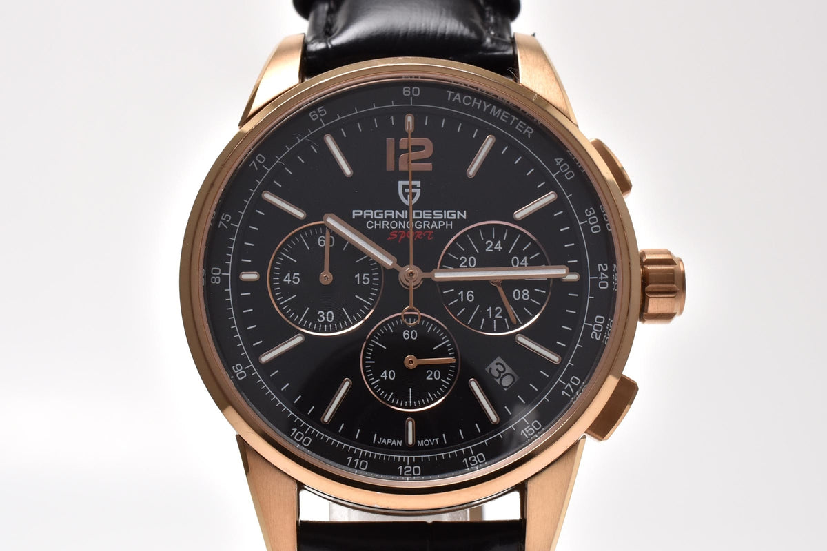 PAGANI DESIGN パガーニデザイン CHRONOGRAPH SPORT PD-YS008 メンズ クォーツ クロノグラフ 腕時計 ブラック文字盤 ローズゴールドカラー 41mm