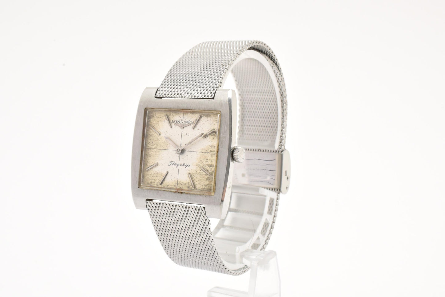 ロンジン Longines フラッグシップ 7686 手巻き メンズ 腕時計 SS メッシュブレス ホワイト文字盤 ヴィンテージ