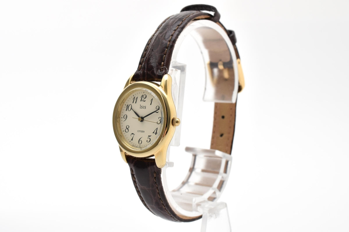 CITIZEN シチズン Isis S930-K12223 レディース クォーツ 腕時計 ホワイト文字盤 アラビア数字 ゴールドプレート レザーストラップ 23.8mm 1990年代 ヴィンテージ