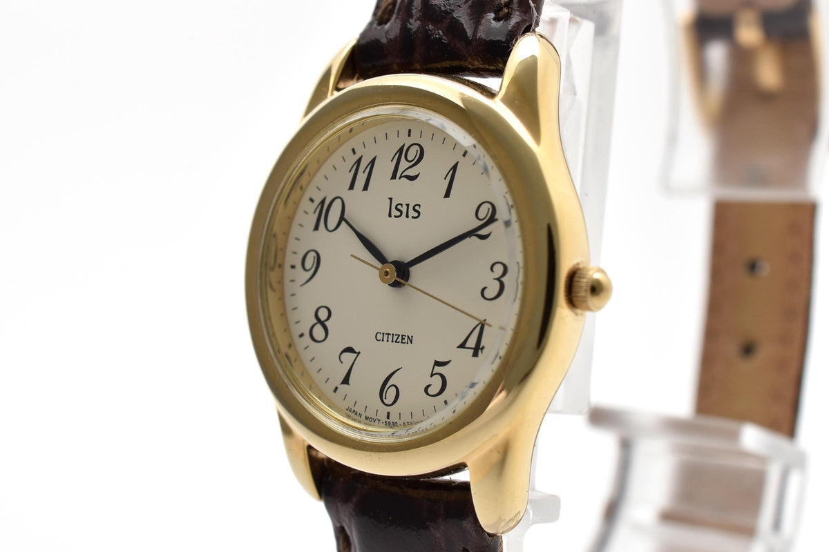 CITIZEN シチズン Isis S930-K12223 レディース クォーツ 腕時計 ホワイト文字盤 アラビア数字 ゴールドプレート レザーストラップ 23.8mm 1990年代 ヴィンテージ