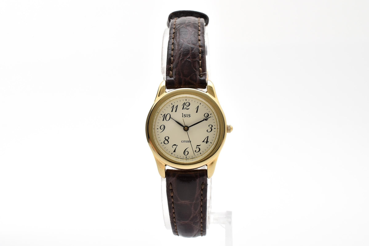 CITIZEN シチズン Isis S930-K12223 レディース クォーツ 腕時計 ホワイト文字盤 アラビア数字 ゴールドプレート レザーストラップ 23.8mm 1990年代 ヴィンテージ