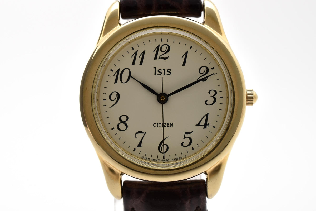 CITIZEN シチズン Isis S930-K12223 レディース クォーツ 腕時計 ホワイト文字盤 アラビア数字 ゴールドプレート レザーストラップ 23.8mm 1990年代 ヴィンテージ