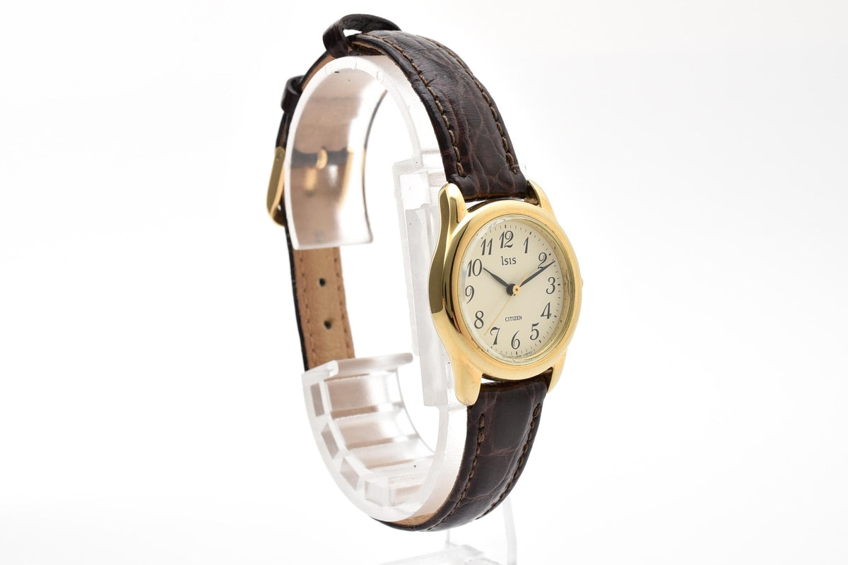 CITIZEN シチズン Isis S930-K12223 レディース クォーツ 腕時計 ホワイト文字盤 アラビア数字 ゴールドプレート レザーストラップ 23.8mm 1990年代 ヴィンテージ