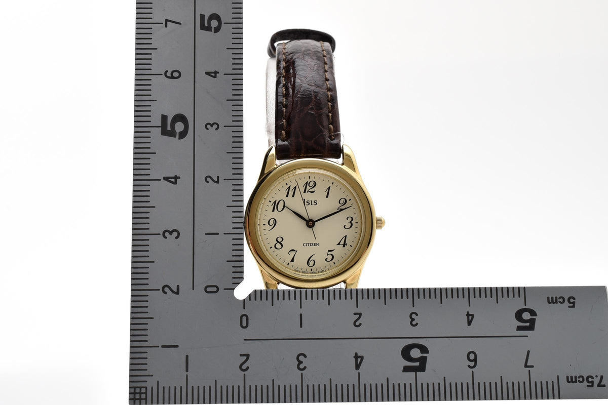 CITIZEN シチズン Isis S930-K12223 レディース クォーツ 腕時計 ホワイト文字盤 アラビア数字 ゴールドプレート レザーストラップ 23.8mm 1990年代 ヴィンテージ