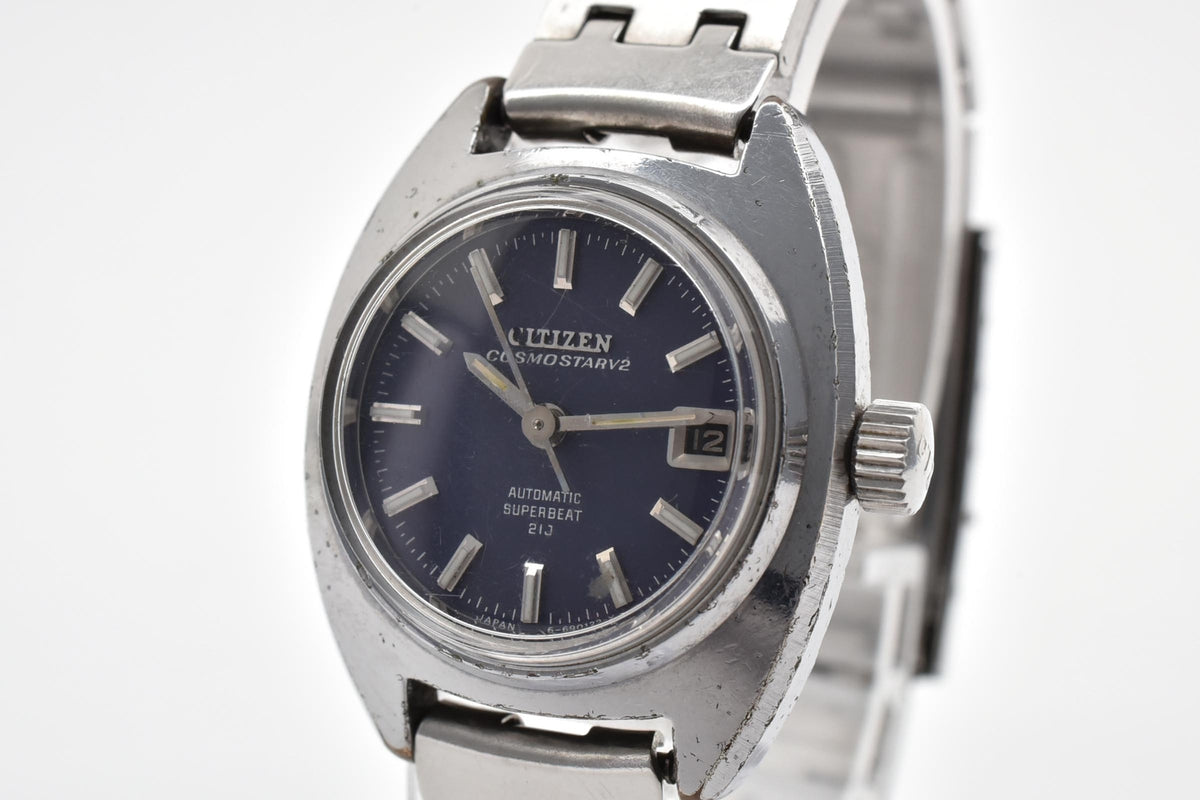 CITIZEN シチズン Cosmostar V2 コスモスター 4-690028KA ユニセックス 自動巻き 腕時計 ネイビーブルー文字盤 デイト ステンレス 25mm 1970年代 ヴィンテージ