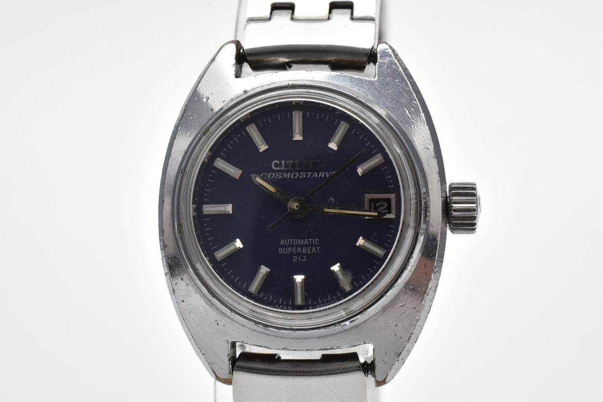CITIZEN シチズン Cosmostar V2 コスモスター 4-690028KA ユニセックス 自動巻き 腕時計 ネイビーブルー文字盤 デイト ステンレス 25mm 1970年代 ヴィンテージ
