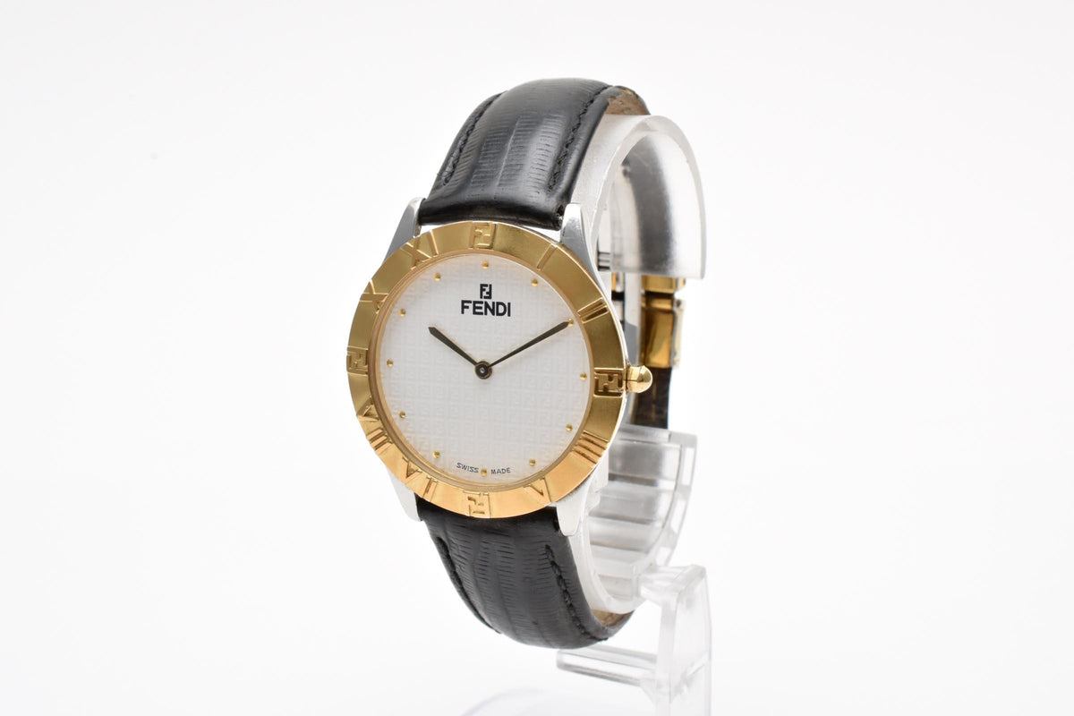 FENDI フェンディ Orologi オロロジ 030-2000G-344 メンズ クォーツ 腕時計 ホワイト文字盤 2針 ゴールドプレート レザーストラップ 34.6mm ヴィンテージ