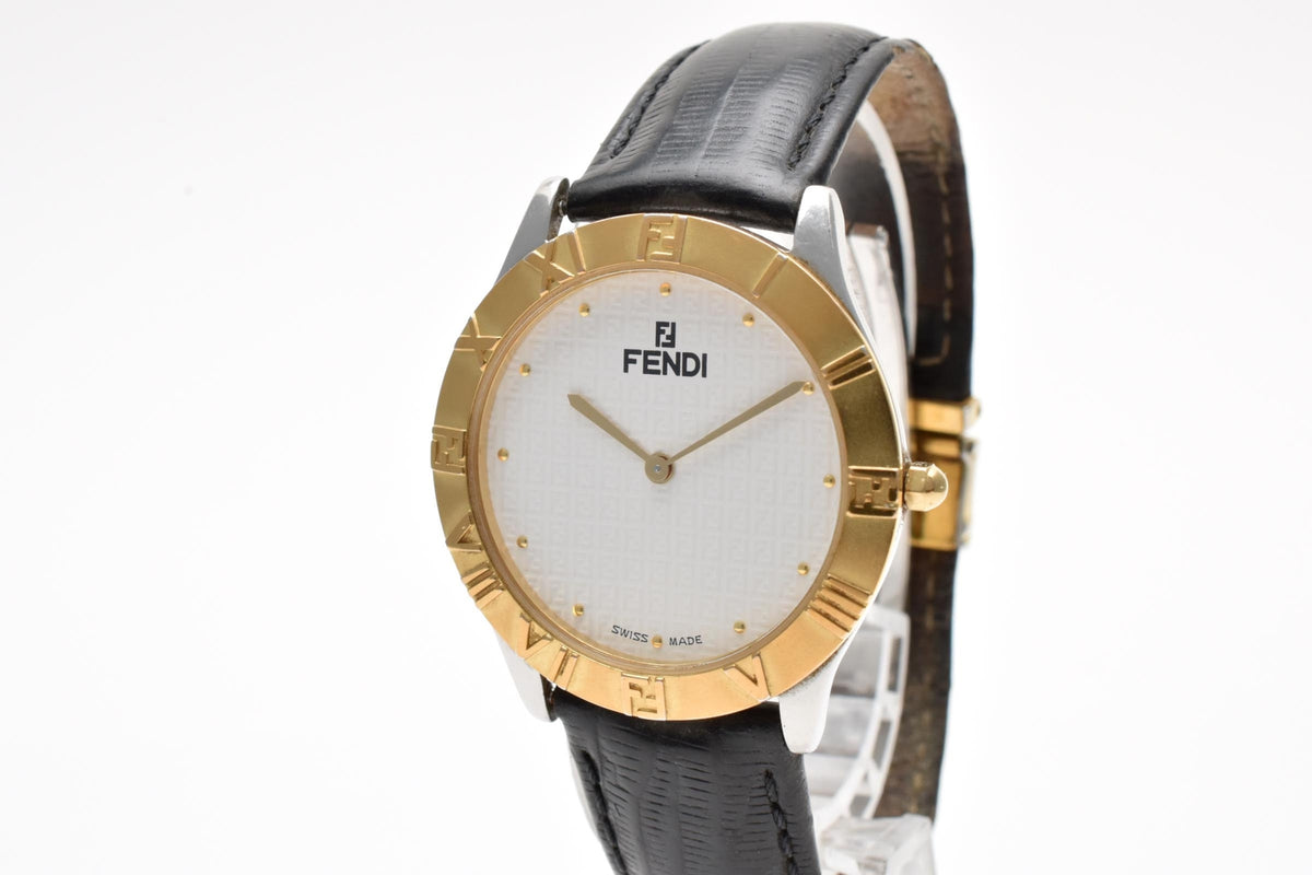 FENDI フェンディ Orologi オロロジ 030-2000G-344 メンズ クォーツ 腕時計 ホワイト文字盤 2針 ゴールドプレート レザーストラップ 34.6mm ヴィンテージ