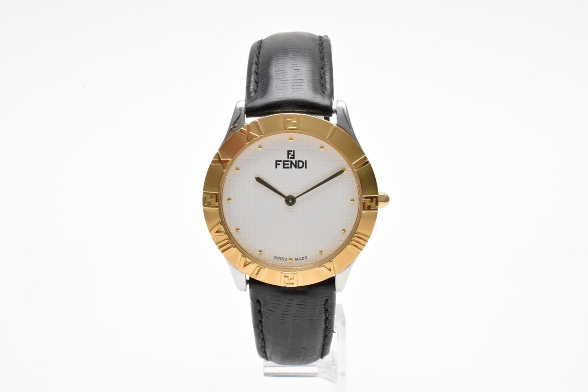 FENDI フェンディ Orologi オロロジ 030-2000G-344 メンズ クォーツ 腕時計 ホワイト文字盤 2針 ゴールドプレート レザーストラップ 34.6mm ヴィンテージ