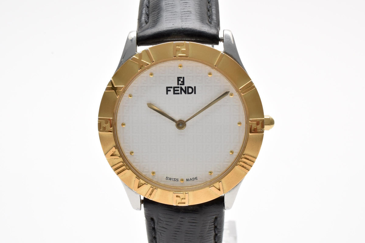 FENDI フェンディ Orologi オロロジ 030-2000G-344 メンズ クォーツ 腕時計 ホワイト文字盤 2針 ゴールドプレート レザーストラップ 34.6mm ヴィンテージ