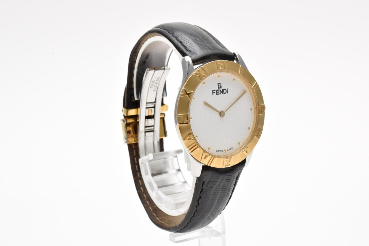 FENDI フェンディ Orologi オロロジ 030-2000G-344 メンズ クォーツ 腕時計 ホワイト文字盤 2針 ゴールドプレート レザーストラップ 34.6mm ヴィンテージ