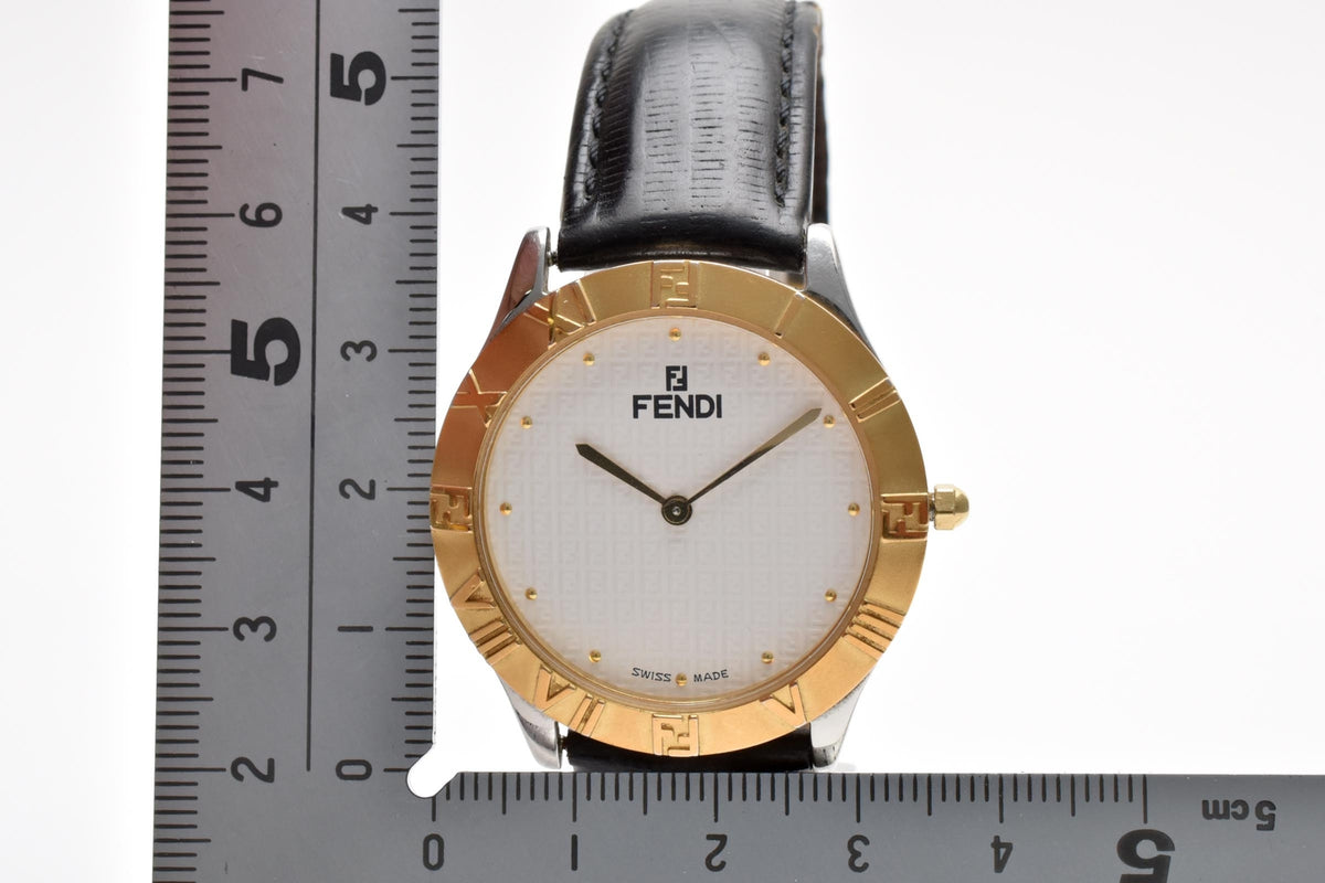 FENDI フェンディ Orologi オロロジ 030-2000G-344 メンズ クォーツ 腕時計 ホワイト文字盤 2針 ゴールドプレート レザーストラップ 34.6mm ヴィンテージ