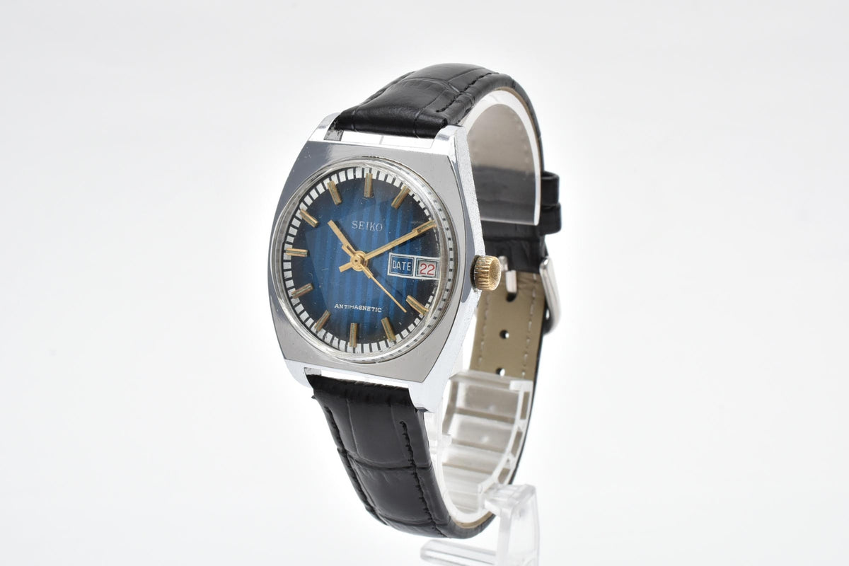 SEIKO セイコー 7005-7001 メンズ 自動巻き 腕時計 ブルー文字盤 デイト ゴールドカラーインデックス ステンレス レザーストラップ 34.2mm 1970年代 ヴィンテージ