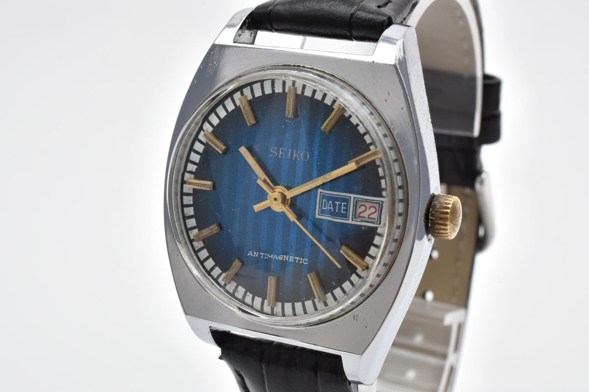 SEIKO セイコー 7005-7001 メンズ 自動巻き 腕時計 ブルー文字盤 デイト ゴールドカラーインデックス ステンレス レザーストラップ 34.2mm 1970年代 ヴィンテージ