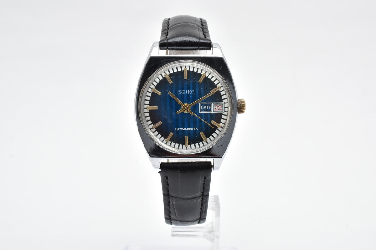 SEIKO セイコー 7005-7001 メンズ 自動巻き 腕時計 ブルー文字盤 デイト ゴールドカラーインデックス ステンレス レザーストラップ 34.2mm 1970年代 ヴィンテージ