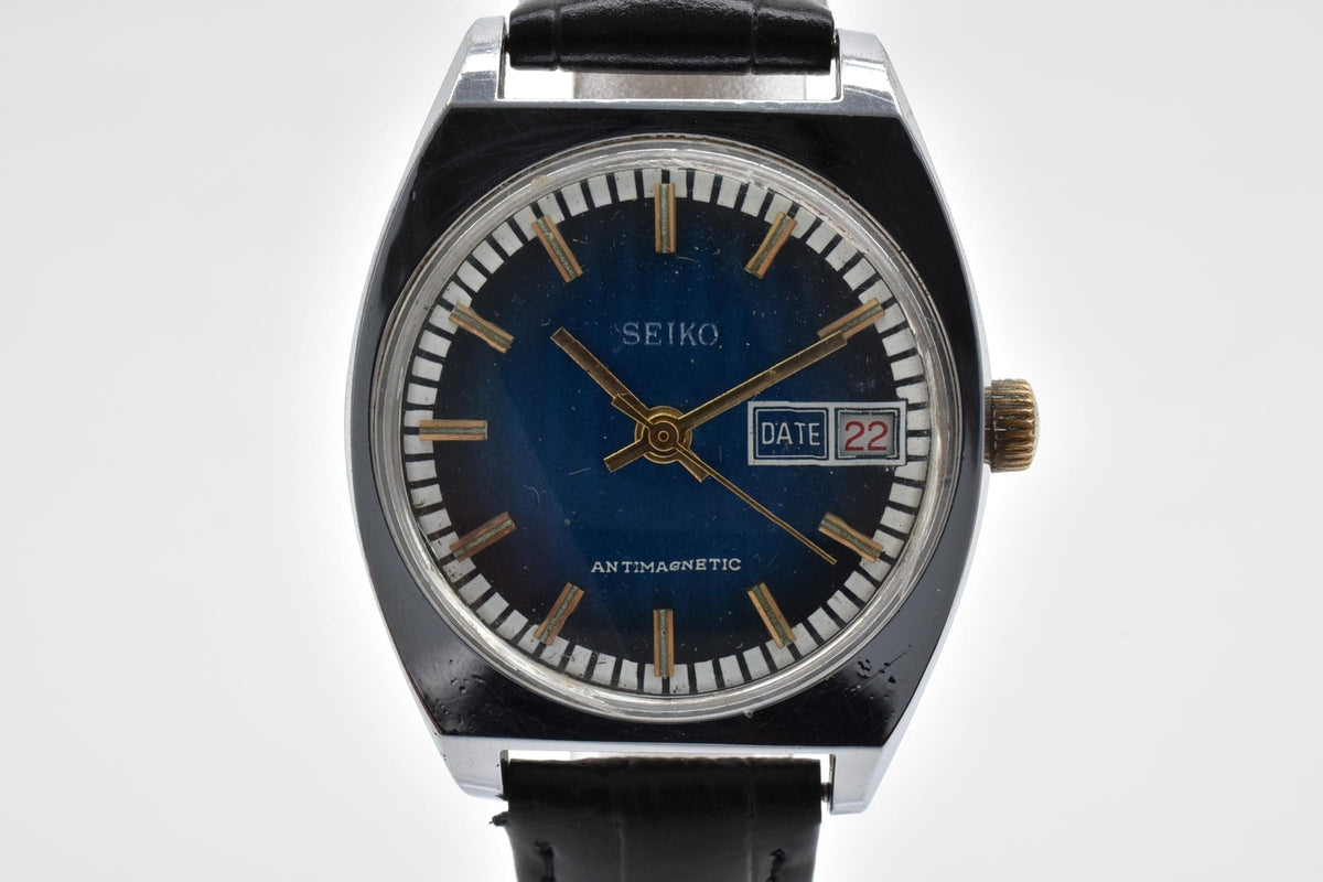SEIKO セイコー 7005-7001 メンズ 自動巻き 腕時計 ブルー文字盤 デイト ゴールドカラーインデックス ステンレス レザーストラップ 34.2mm 1970年代 ヴィンテージ