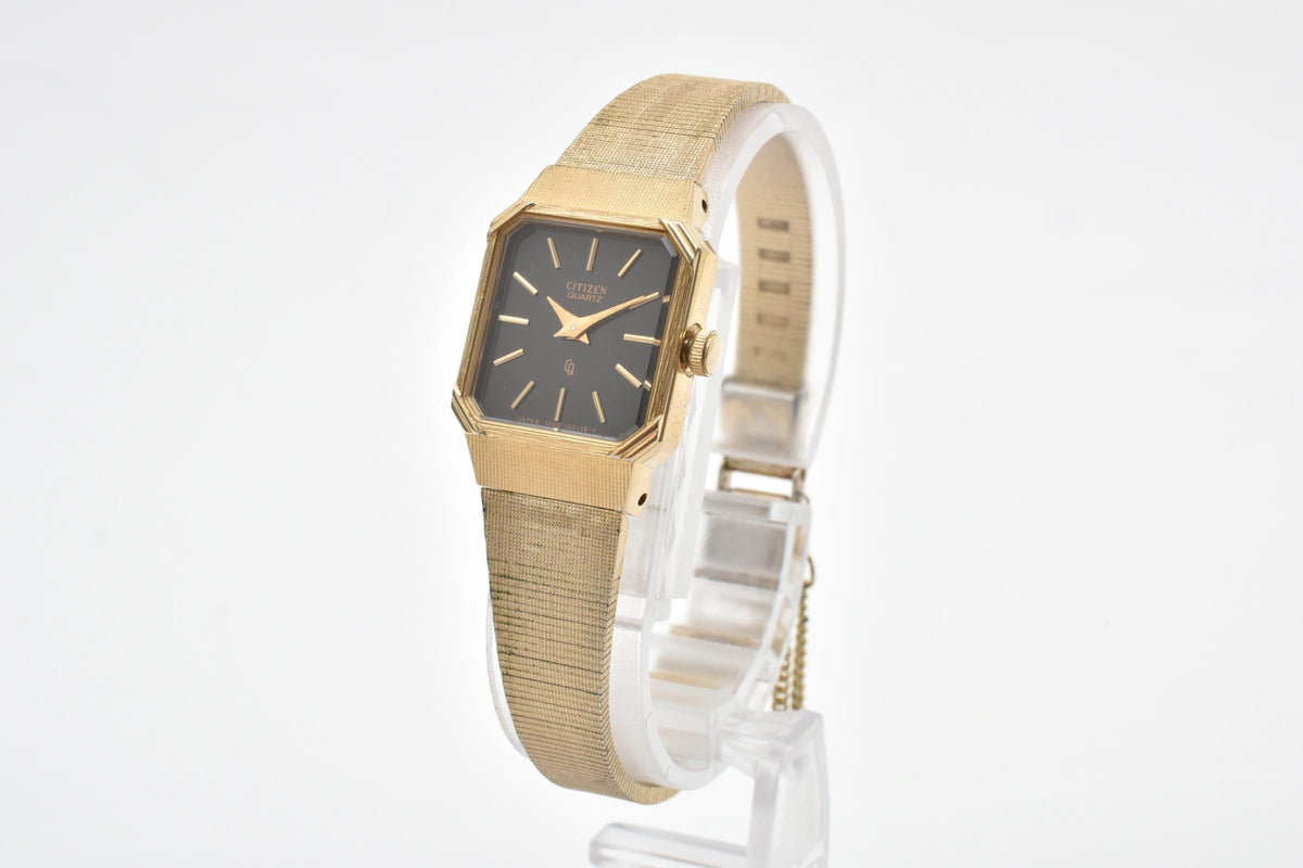 CITIZEN シチズン 4-103017 レディース クォーツ 腕時計 ブラック文字盤 ゴールドカラー ステンレス ブレスレット 18mm 1970年代 1980年代 ヴィンテージ