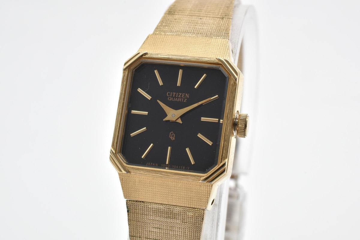 CITIZEN シチズン 4-103017 レディース クォーツ 腕時計 ブラック文字盤 ゴールドカラー ステンレス ブレスレット 18mm 1970年代 1980年代 ヴィンテージ
