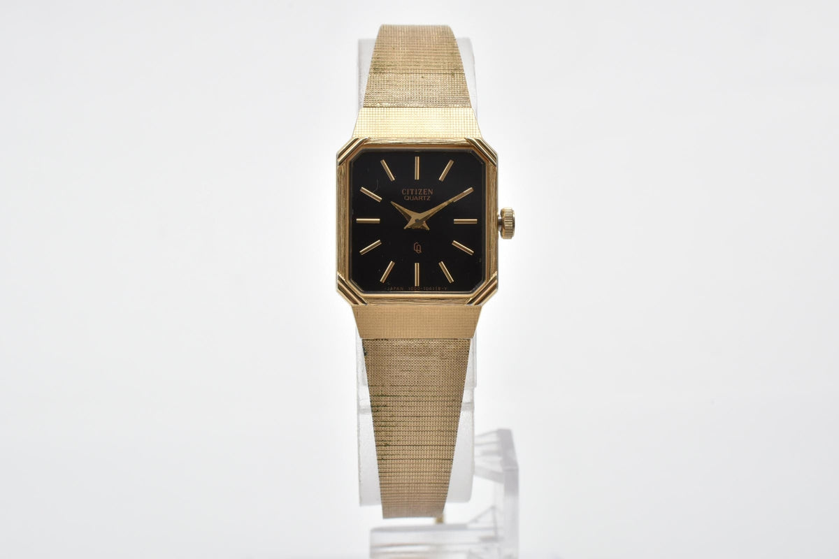 CITIZEN シチズン 4-103017 レディース クォーツ 腕時計 ブラック文字盤 ゴールドカラー ステンレス ブレスレット 18mm 1970年代 1980年代 ヴィンテージ