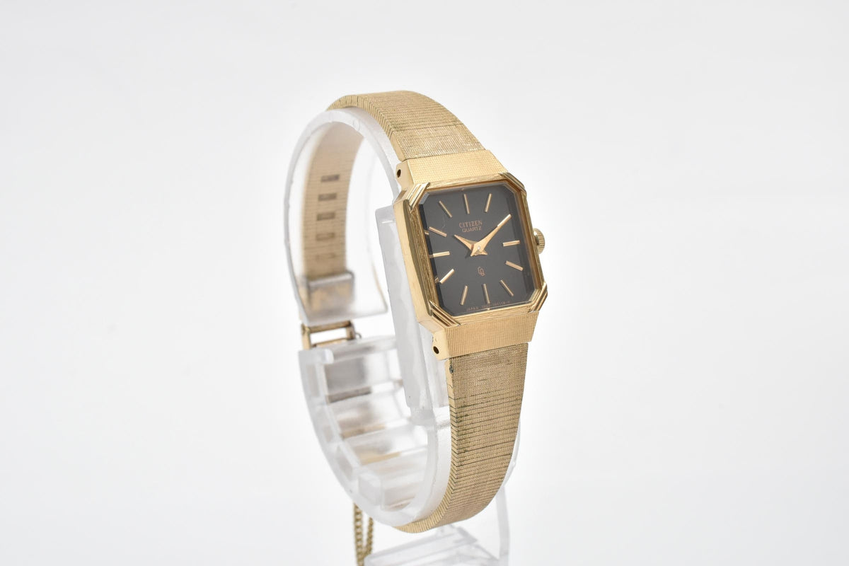 CITIZEN シチズン 4-103017 レディース クォーツ 腕時計 ブラック文字盤 ゴールドカラー ステンレス ブレスレット 18mm 1970年代 1980年代 ヴィンテージ