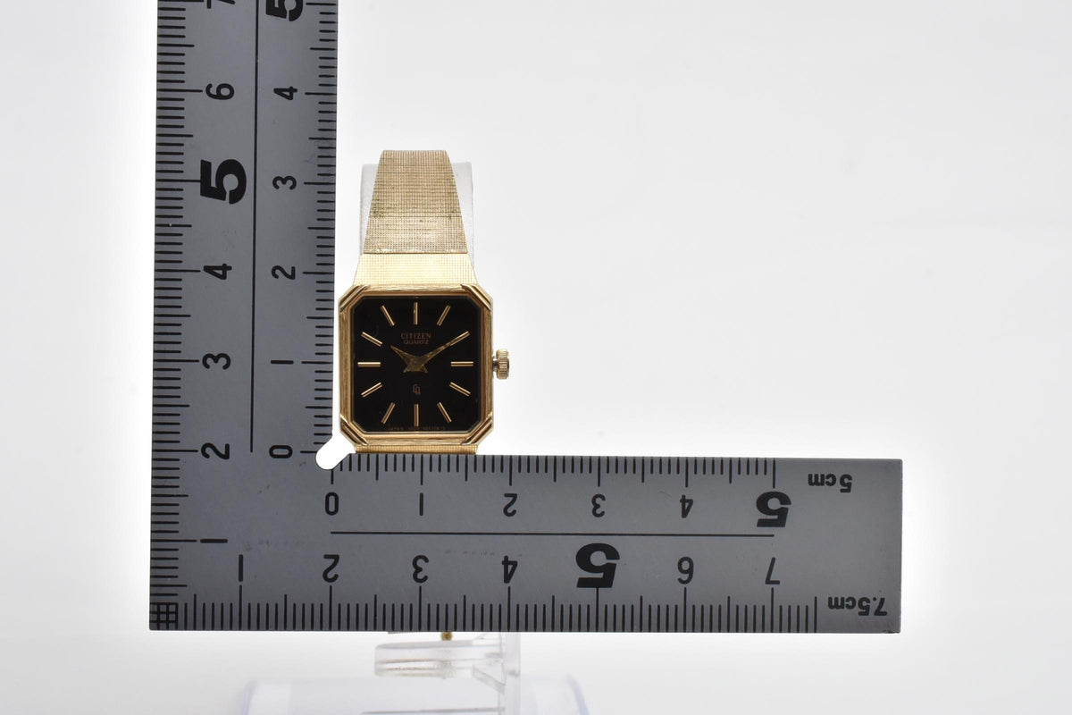 CITIZEN シチズン 4-103017 レディース クォーツ 腕時計 ブラック文字盤 ゴールドカラー ステンレス ブレスレット 18mm 1970年代 1980年代 ヴィンテージ