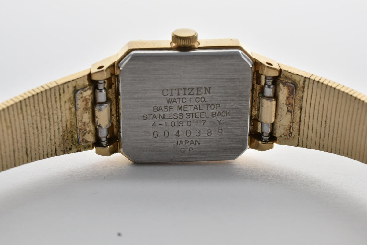 CITIZEN シチズン 4-103017 レディース クォーツ 腕時計 ブラック文字盤 ゴールドカラー ステンレス ブレスレット 18mm 1970年代 1980年代 ヴィンテージ