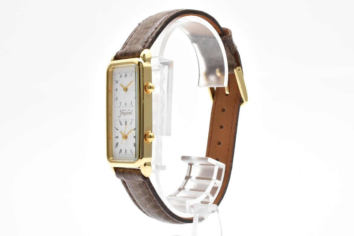 CITIZEN シチズン 593W-344391 メンズ クォーツ 腕時計 デュアルタイム 2面 ホワイト文字盤 レクタンギュラー ゴールドカラー ステンレス レザー 18.5mm ヴィンテージ
