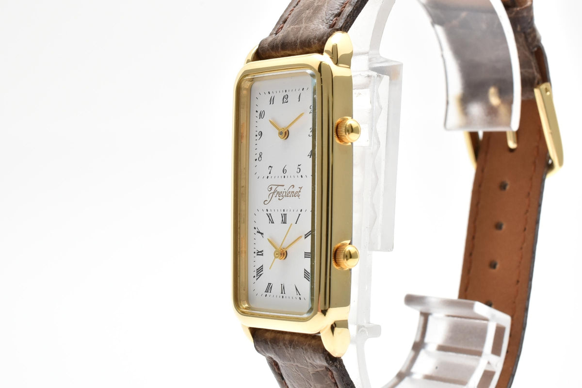 CITIZEN シチズン 593W-344391 メンズ クォーツ 腕時計 デュアルタイム 2面 ホワイト文字盤 レクタンギュラー ゴールドカラー ステンレス レザー 18.5mm ヴィンテージ