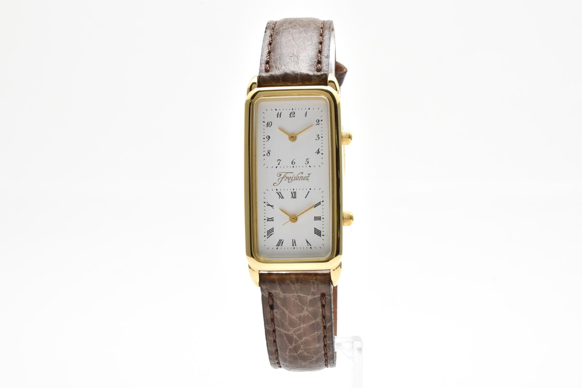 CITIZEN シチズン 593W-344391 メンズ クォーツ 腕時計 デュアルタイム 2面 ホワイト文字盤 レクタンギュラー ゴールドカラー ステンレス レザー 18.5mm ヴィンテージ