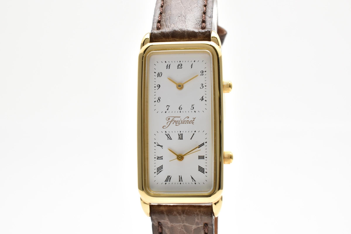CITIZEN シチズン 593W-344391 メンズ クォーツ 腕時計 デュアルタイム 2面 ホワイト文字盤 レクタンギュラー ゴールドカラー ステンレス レザー 18.5mm ヴィンテージ