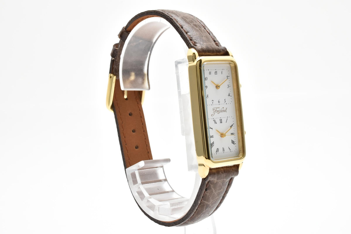 CITIZEN シチズン 593W-344391 メンズ クォーツ 腕時計 デュアルタイム 2面 ホワイト文字盤 レクタンギュラー ゴールドカラー ステンレス レザー 18.5mm ヴィンテージ
