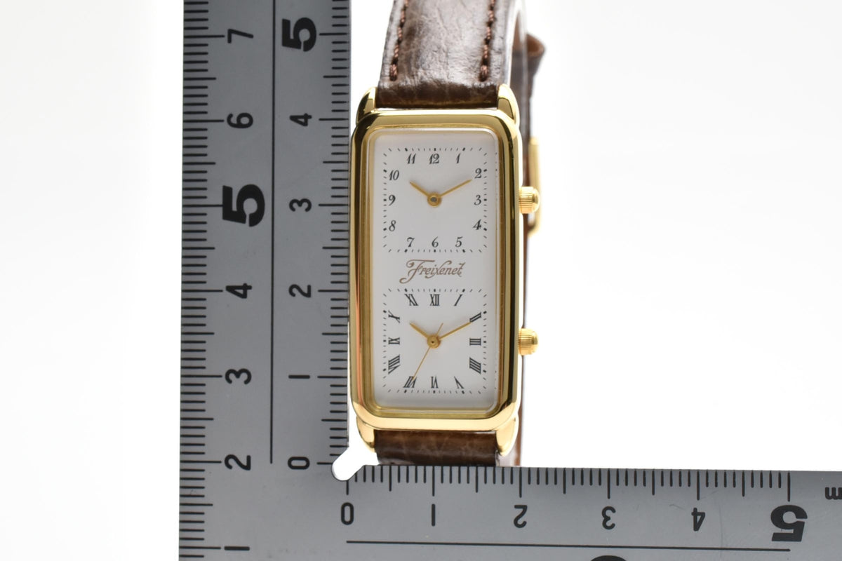 CITIZEN シチズン 593W-344391 メンズ クォーツ 腕時計 デュアルタイム 2面 ホワイト文字盤 レクタンギュラー ゴールドカラー ステンレス レザー 18.5mm ヴィンテージ