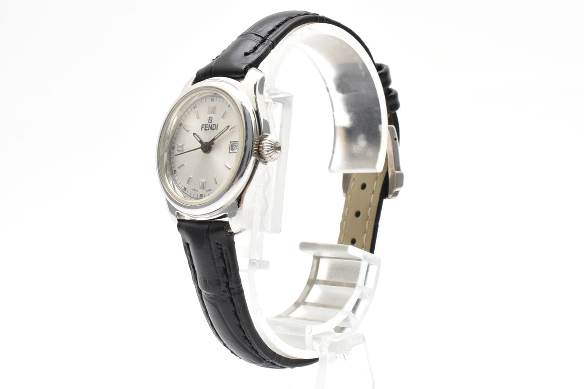 FENDI フェンディ 210L メンズ クォーツ 腕時計 グレー文字盤 ローマ数字 デイト ステンレス ブラック レザー 24mm 1990年代 2000年代 ヴィンテージ