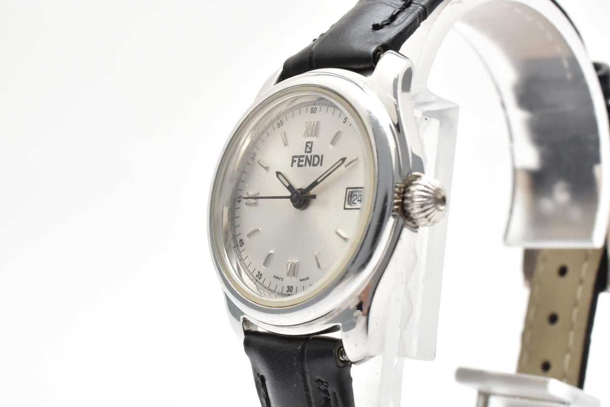 FENDI フェンディ 210L メンズ クォーツ 腕時計 グレー文字盤 ローマ数字 デイト ステンレス ブラック レザー 24mm 1990年代 2000年代 ヴィンテージ