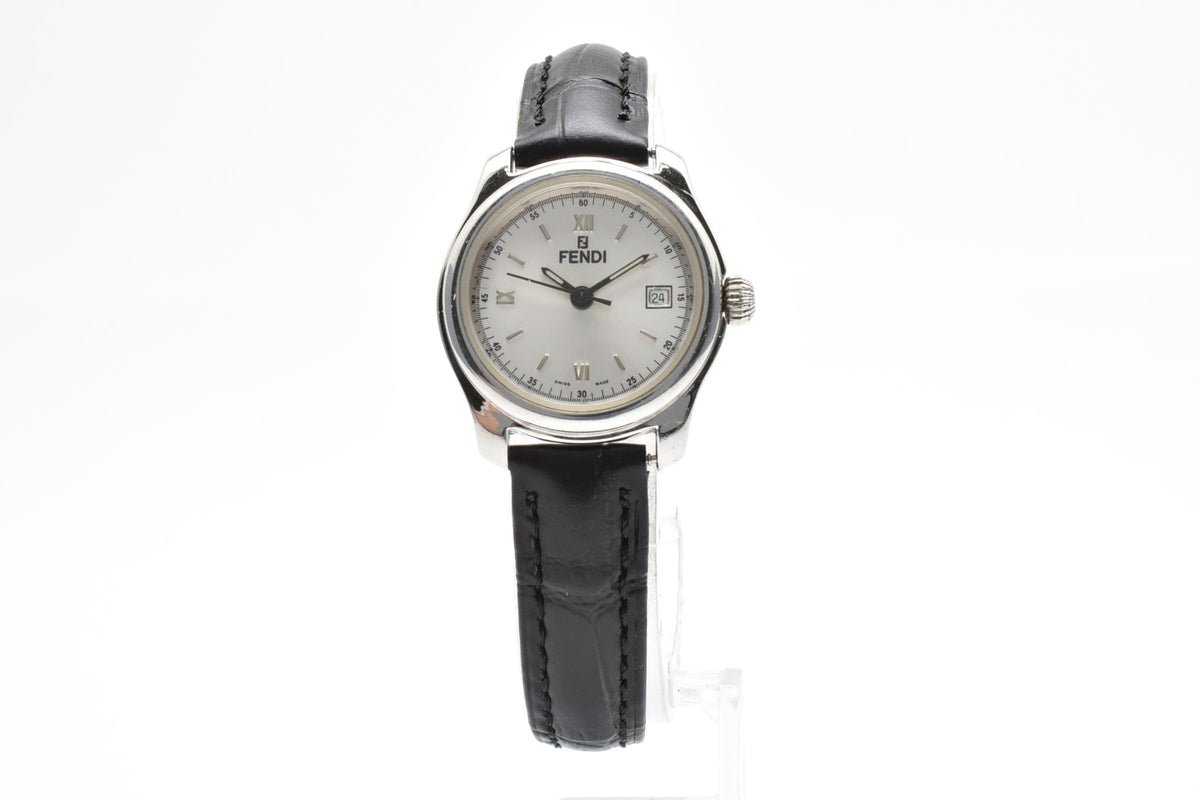 FENDI フェンディ 210L メンズ クォーツ 腕時計 グレー文字盤 ローマ数字 デイト ステンレス ブラック レザー 24mm 1990年代 2000年代 ヴィンテージ