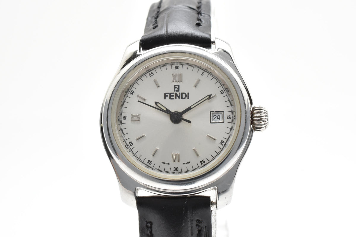 FENDI フェンディ 210L メンズ クォーツ 腕時計 グレー文字盤 ローマ数字 デイト ステンレス ブラック レザー 24mm 1990年代 2000年代 ヴィンテージ