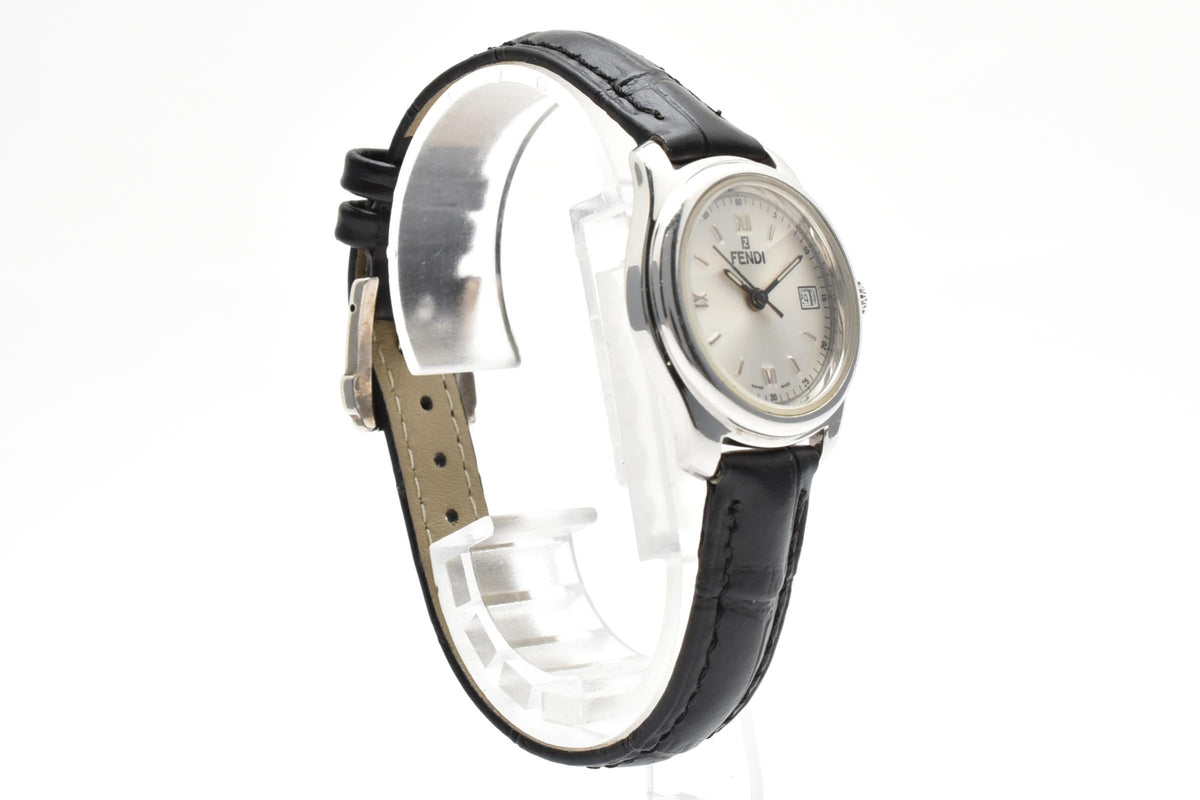 FENDI フェンディ 210L メンズ クォーツ 腕時計 グレー文字盤 ローマ数字 デイト ステンレス ブラック レザー 24mm 1990年代 2000年代 ヴィンテージ