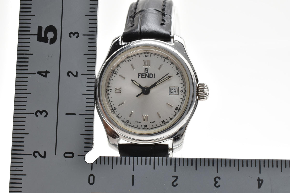FENDI フェンディ 210L メンズ クォーツ 腕時計 グレー文字盤 ローマ数字 デイト ステンレス ブラック レザー 24mm 1990年代 2000年代 ヴィンテージ