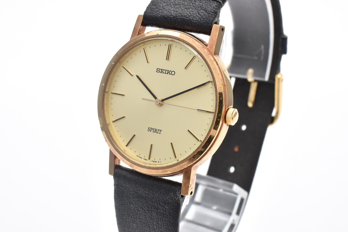 SEIKO セイコー Spirit スピリット 7N01-7060 メンズ クォーツ 腕時計 クリーム文字盤 2針 ゴールドカラー ステンレス ブラック レザーストラップ 31mm 1990年代 ヴィンテージ