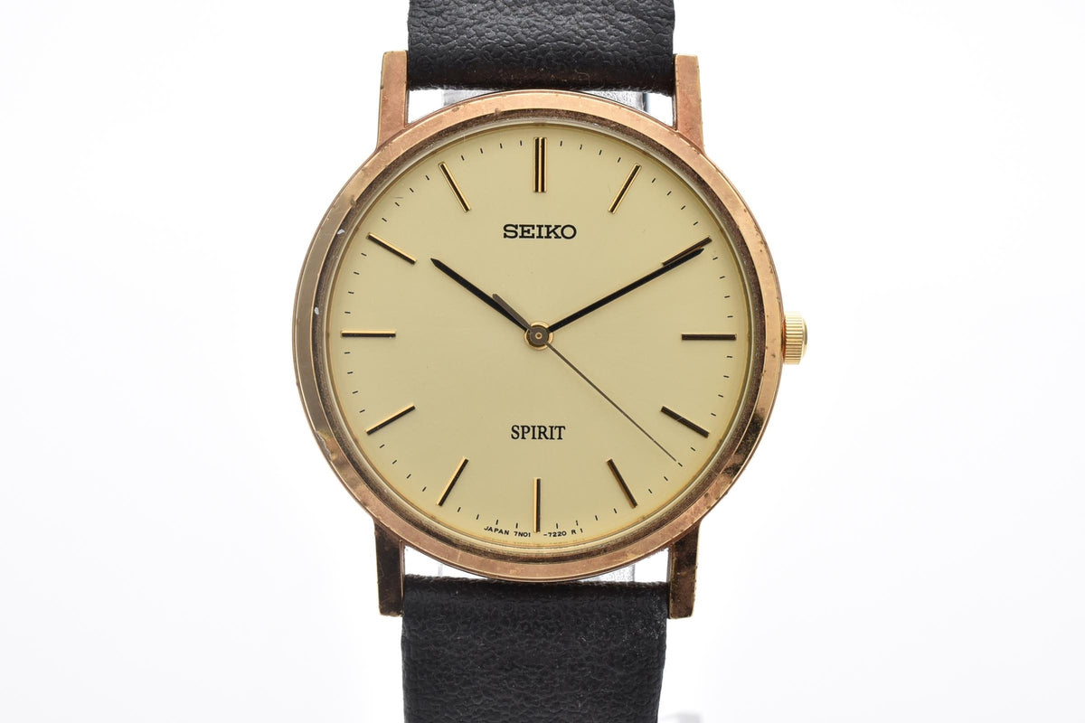 SEIKO セイコー Spirit スピリット 7N01-7060 メンズ クォーツ 腕時計 クリーム文字盤 2針 ゴールドカラー ステンレス ブラック レザーストラップ 31mm 1990年代 ヴィンテージ
