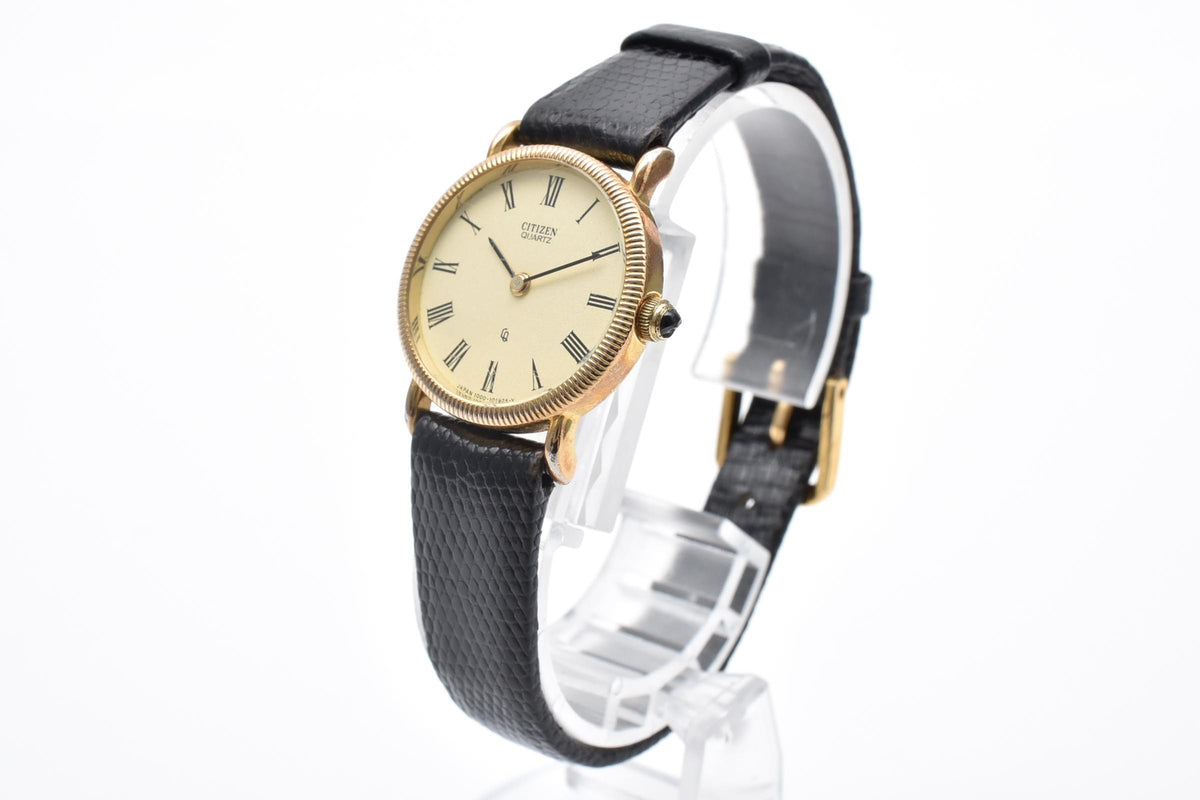 CITIZEN シチズン 4-154631SP レディース クォーツ 腕時計 クリーム文字盤 ローマ数字 ゴールドカラー ステンレス ブラック レザーストラップ 22mm 1980年代 ヴィンテージ