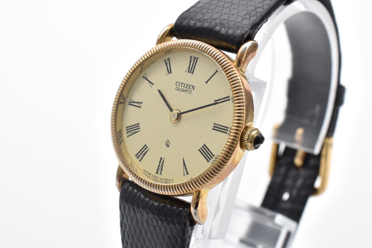 CITIZEN シチズン 4-154631SP レディース クォーツ 腕時計 クリーム文字盤 ローマ数字 ゴールドカラー ステンレス ブラック レザーストラップ 22mm 1980年代 ヴィンテージ
