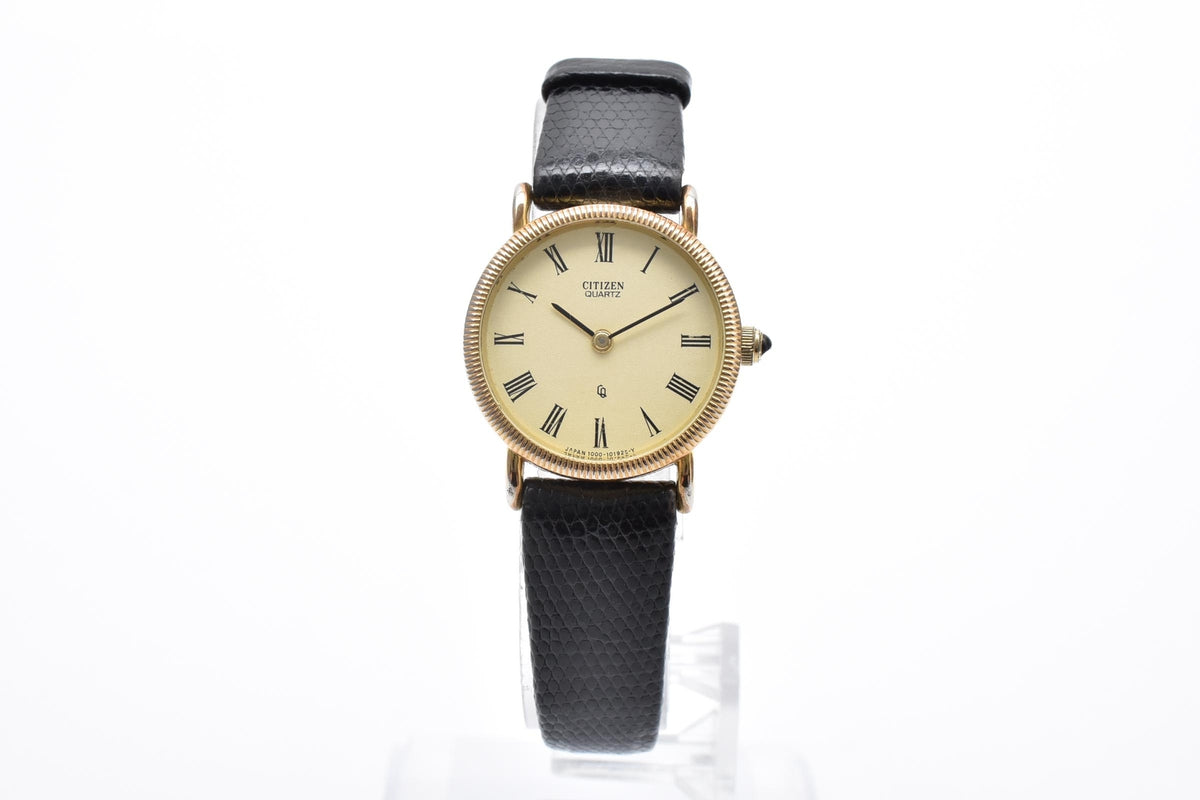 CITIZEN シチズン 4-154631SP レディース クォーツ 腕時計 クリーム文字盤 ローマ数字 ゴールドカラー ステンレス ブラック レザーストラップ 22mm 1980年代 ヴィンテージ