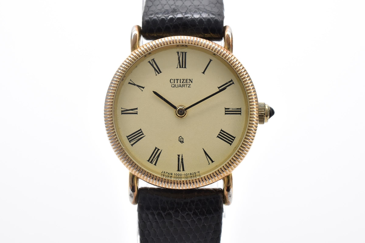 CITIZEN シチズン 4-154631SP レディース クォーツ 腕時計 クリーム文字盤 ローマ数字 ゴールドカラー ステンレス ブラック レザーストラップ 22mm 1980年代 ヴィンテージ