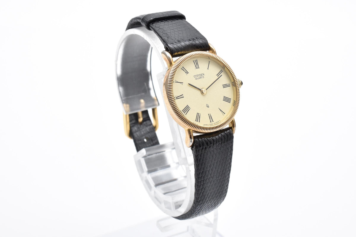 CITIZEN シチズン 4-154631SP レディース クォーツ 腕時計 クリーム文字盤 ローマ数字 ゴールドカラー ステンレス ブラック レザーストラップ 22mm 1980年代 ヴィンテージ