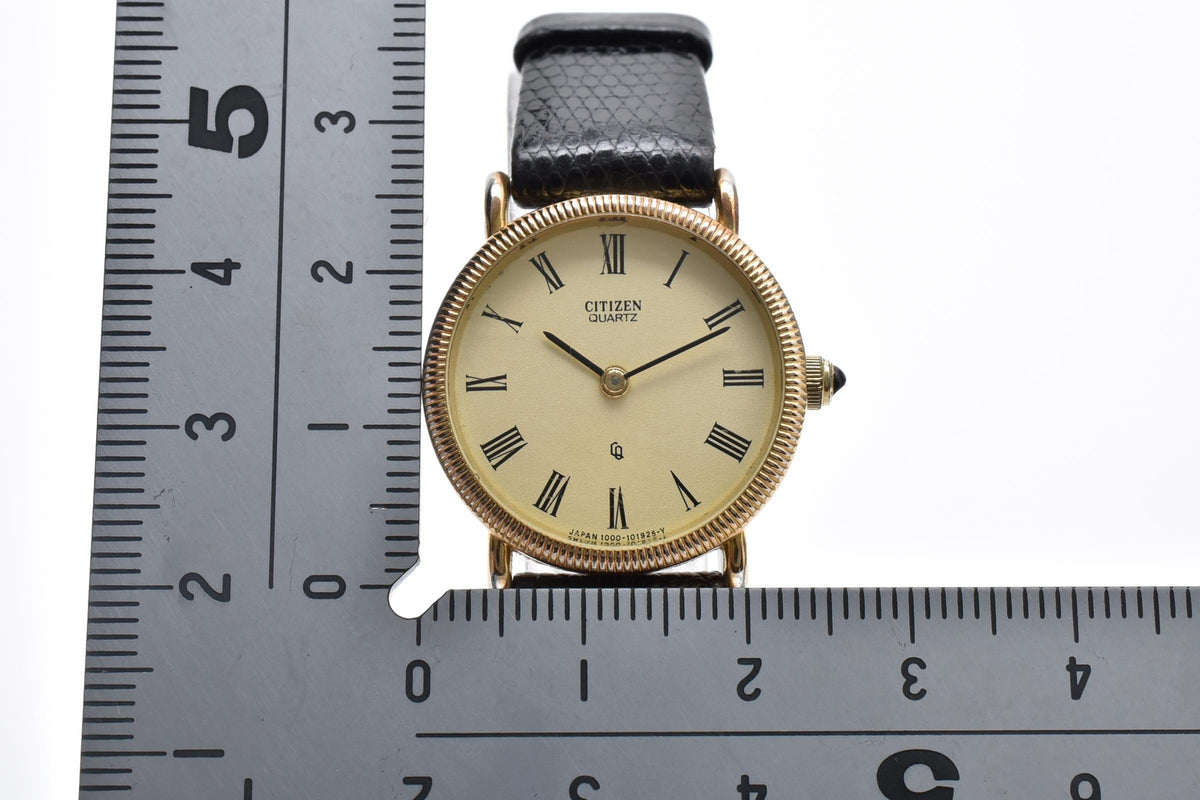 CITIZEN シチズン 4-154631SP レディース クォーツ 腕時計 クリーム文字盤 ローマ数字 ゴールドカラー ステンレス ブラック レザーストラップ 22mm 1980年代 ヴィンテージ