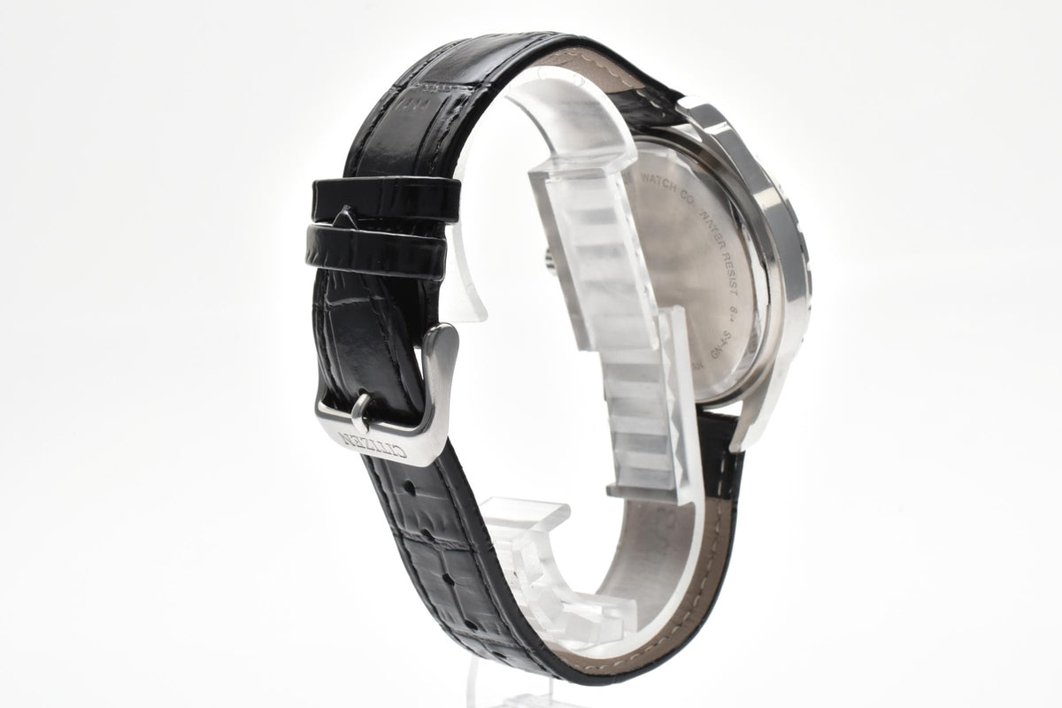 CITIZEN シチズン 1045-S081386 メンズ クォーツ スポーツ 腕時計 ブラック文字盤 スモールセコンド アラビア数字 ステンレス ブラック レザーストラップ 40.5mm 2000年代